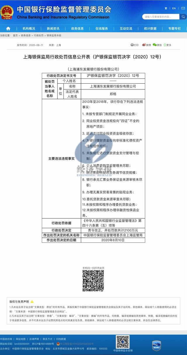 2100萬元罰單到手！浦發(fā)銀行12項(xiàng)違規(guī)被通報(bào)