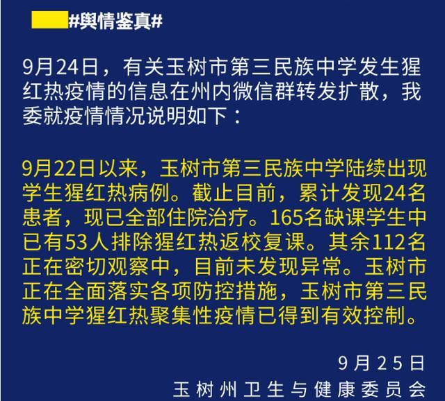 青海玉樹(shù)一學(xué)校發(fā)生猩紅熱聚集性疫情，24名患者已住院治療