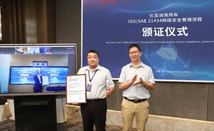 比亞迪獲ISO/SAE 21434認(rèn)證證書(shū)