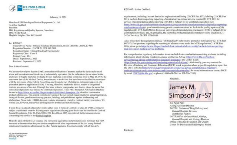 樂(lè)普醫(yī)療旗下額溫槍產(chǎn)品獲美國(guó)FDA資格認(rèn)證